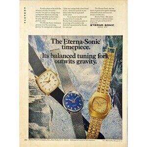 Eterna Sonic Timepiece "Tuning Fork outwits Gravity" Playboy Vintage Print Ad